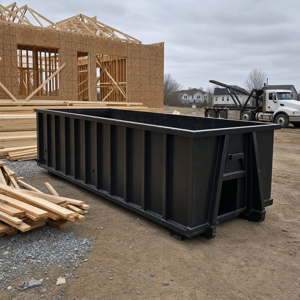 Matte-black 40-yard roll-off dumpster staged on a framed-out residential construction site in Clarkston, framing lumber stacked nearby, hooklift delivery truck visible in the background under bright Colorado daylight