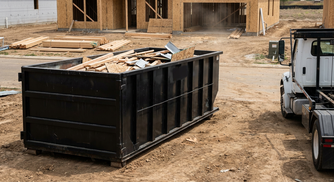 Matte-black 20-yard roll-off construction dumpster with heavy ribbed steel sidewalls and swing rear doors at a working jobsite in Clarkston, sitting directly on compacted dirt with an unmarked white hauler partially visible at the far edge of the frame.