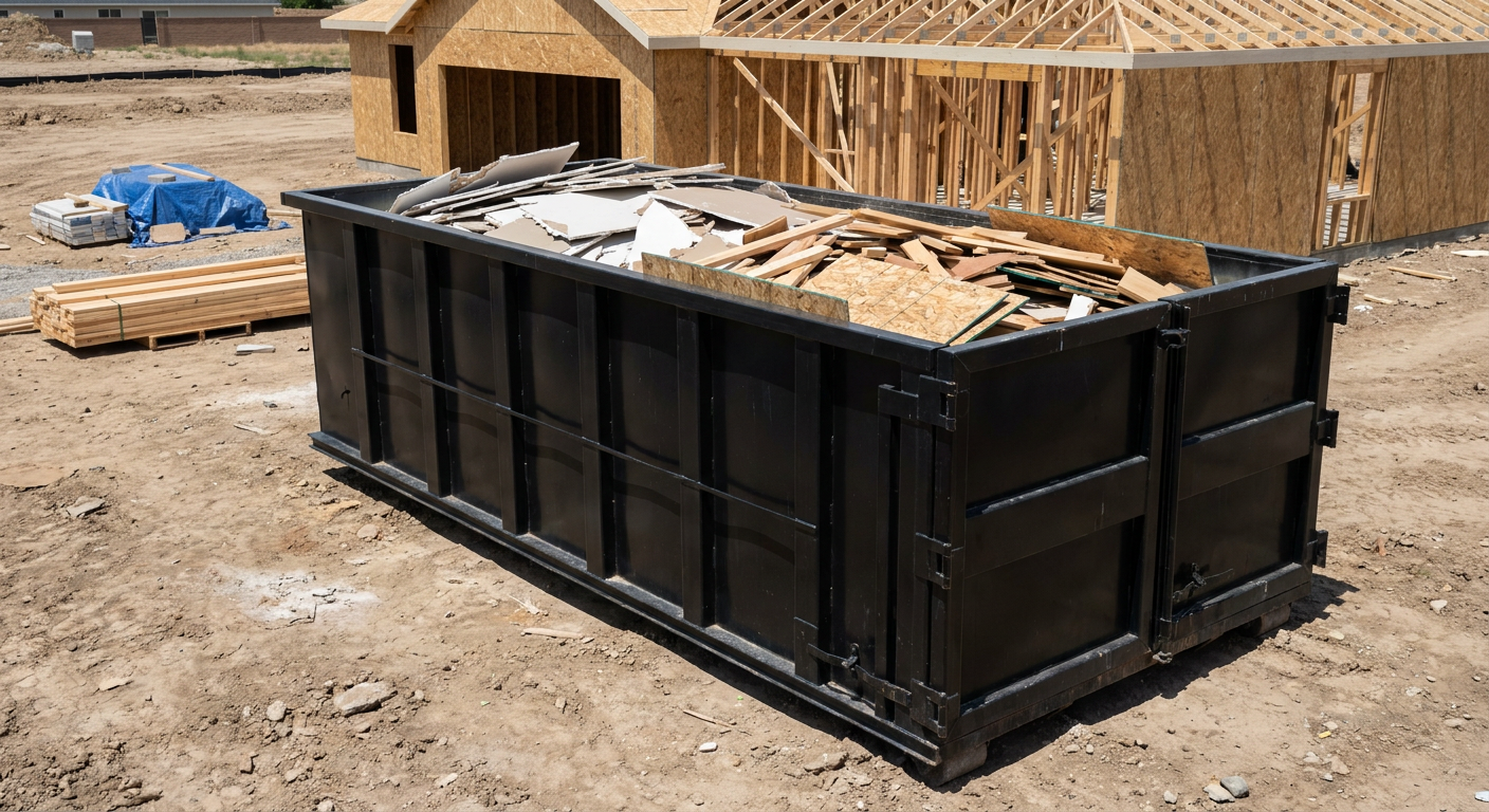 Matte-black 30-yard roll-off construction dumpster sitting directly on the compacted-dirt site of a framed single-family home build in Clarkston, drywall and lumber scrap loaded inside.