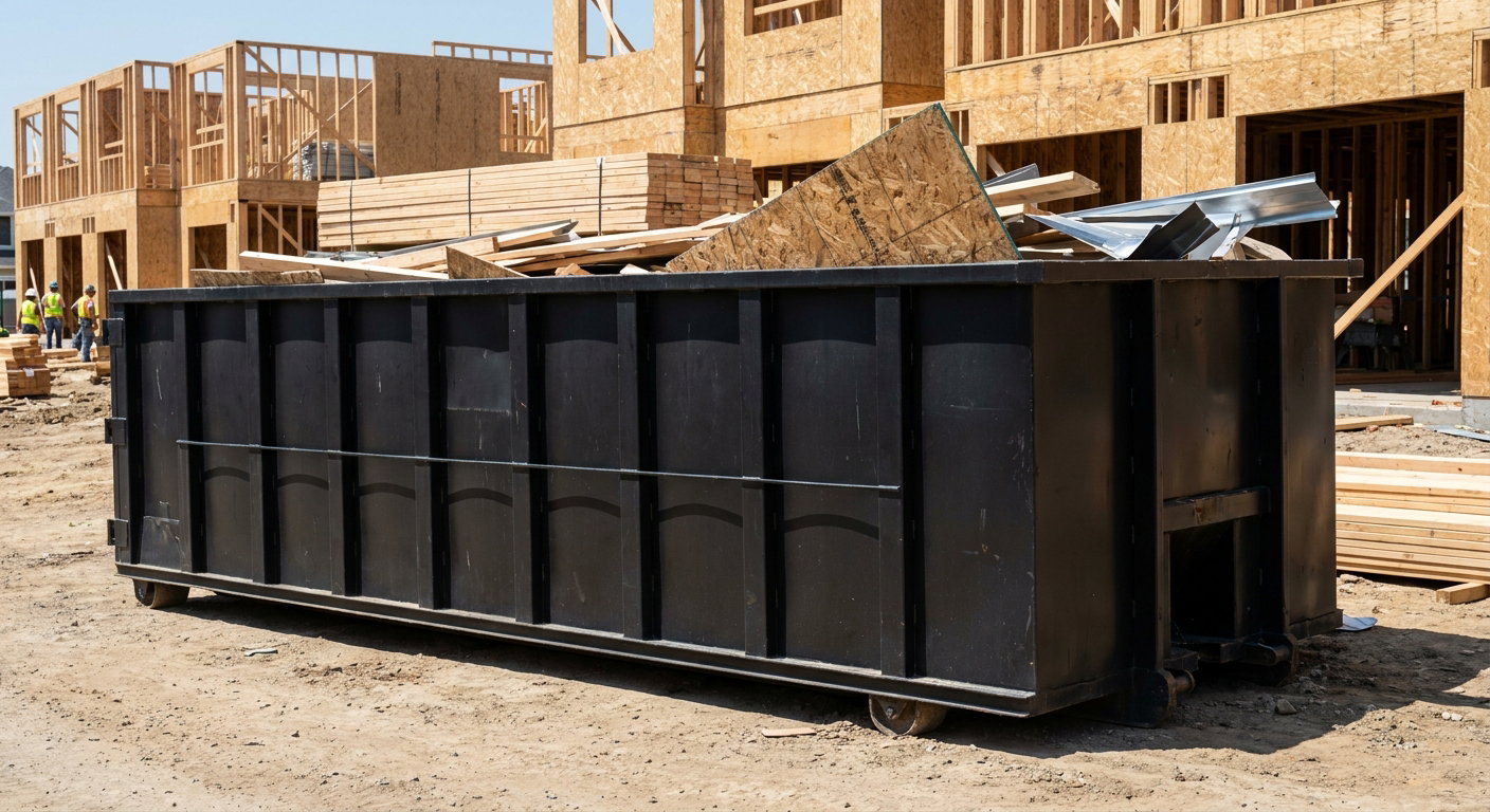 Matte-black 40-yard roll-off construction dumpster being lowered from a white-cab hooklift delivery truck onto the compacted-dirt jobsite at a commercial build site in Clarkston