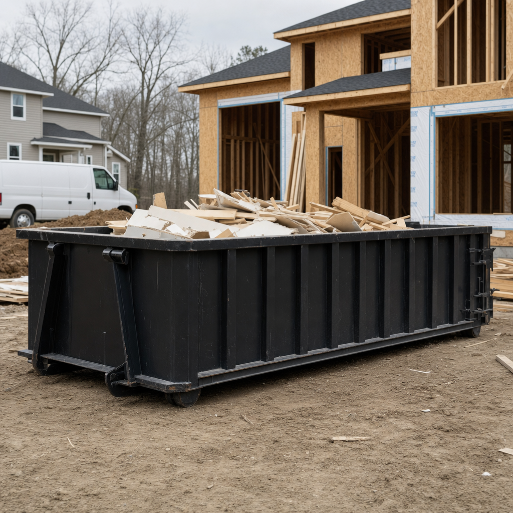 Worker in a yellow high-visibility vest tossing framing lumber and broken drywall into a matte-black 30-yard construction roll-off dumpster on an active build site in Clarkston, bright daylight