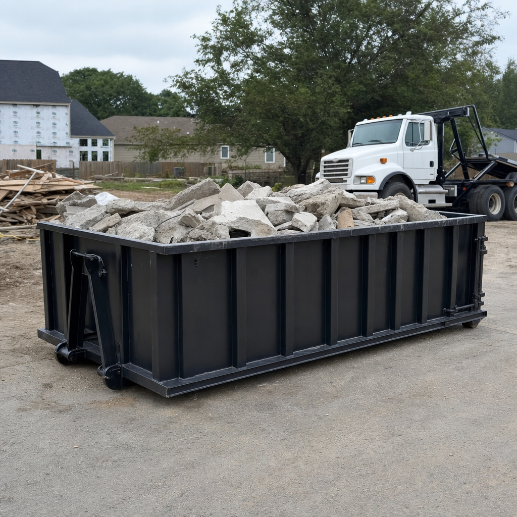 Low-profile matte-black lowboy roll-off dumpster loaded with broken concrete slab and rebar at a foundation tear-out in Clarkston, skid steer parked beside it, sunny Colorado morning