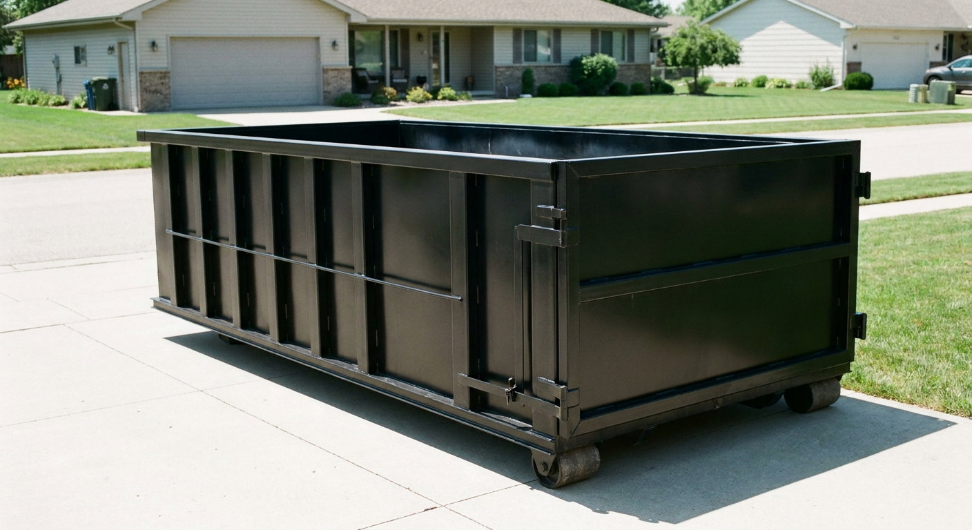 Matte-black 10-yard roll-off dumpster on a residential concrete driveway in Clarkston, uniformly painted matte black across every panel and rail, ribbed steel sidewalls and rear swing door visible, mid-day daylight.