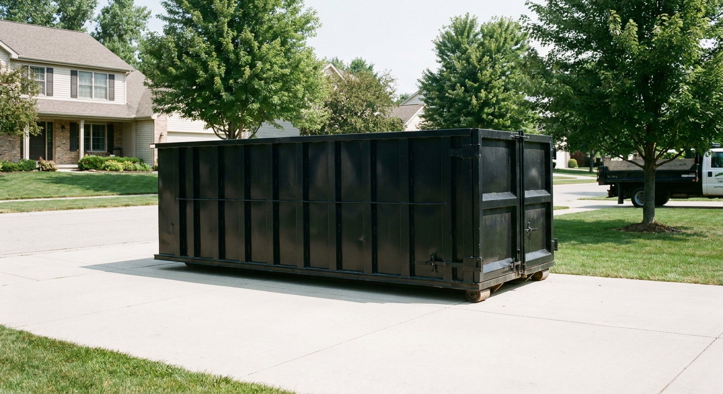 Matte-black 20-yard roll-off dumpster sitting level on a clean Clarkston residential concrete driveway under bright daylight, demonstrating clean placement directly on the concrete.