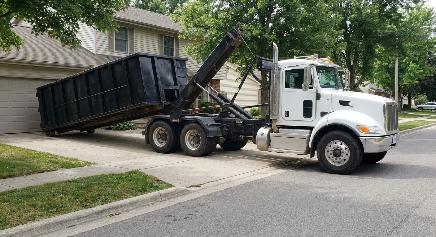 White-cab hooklift roll-off truck actively lowering a matte-black dumpster onto a Clarkston residential concrete driveway, the dumpster's rear wheels touching the driveway as the hoist arm tilts the bed forward, mid-morning daylight.