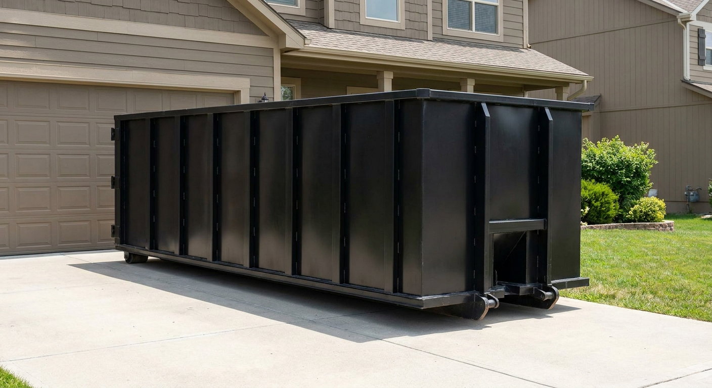Matte-black residential roll-off dumpster sitting directly on a suburban Clarkston concrete driveway, garage door closed, single-family home in background, bright morning daylight.