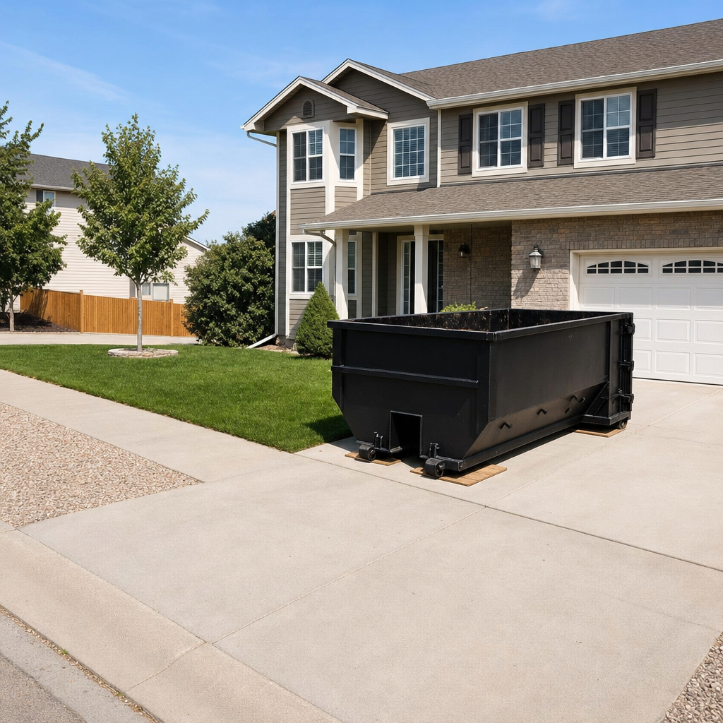 10-yard matte-black residential dumpster placed directly on a narrow Clarkston concrete driveway, room remains for a parked sedan beside it, mid-morning natural light