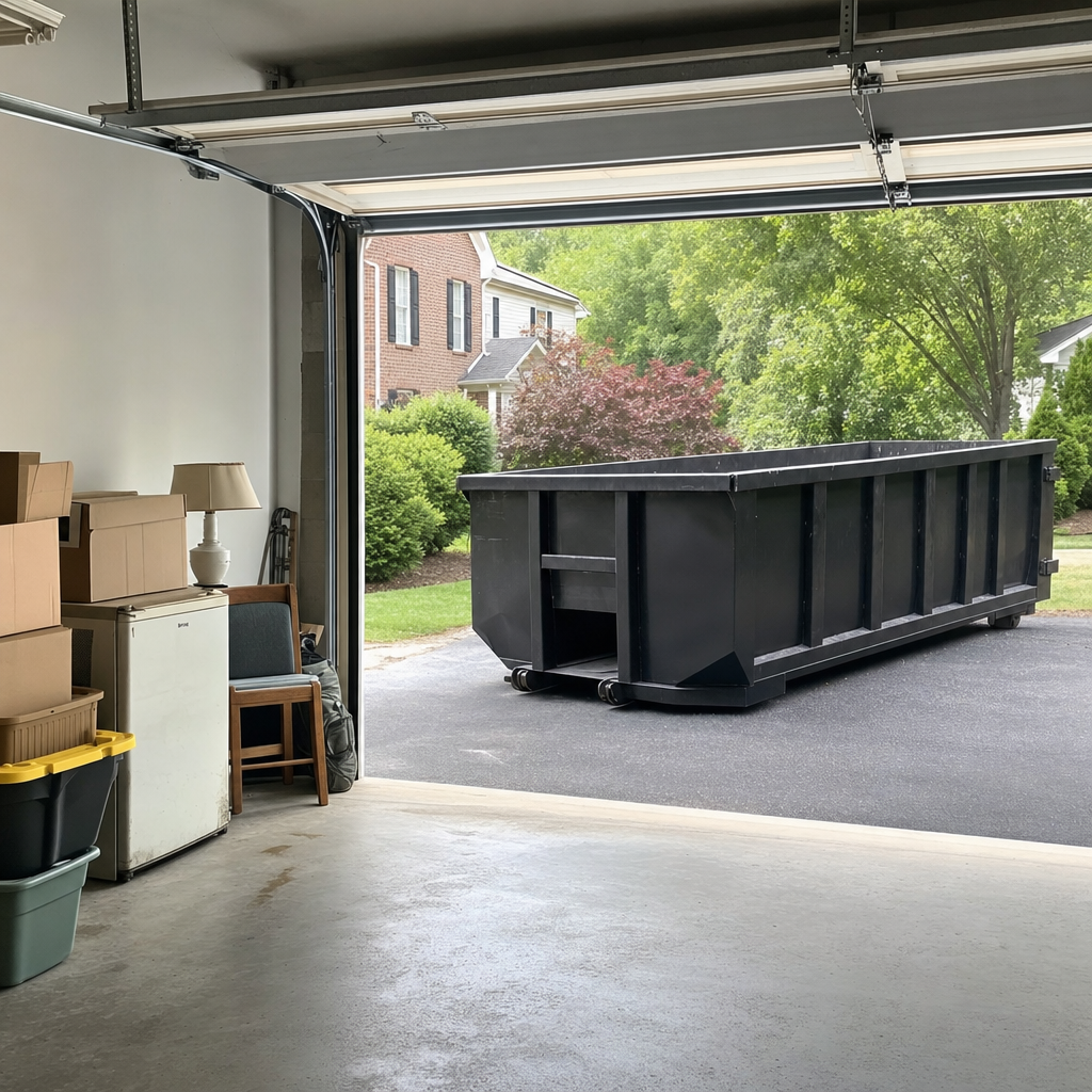 Open garage interior in a Clarkston home mid-cleanout — boxed items, an old appliance, and stacked yard tools queued near the driveway for a matte-black roll-off dumpster, organized and calm