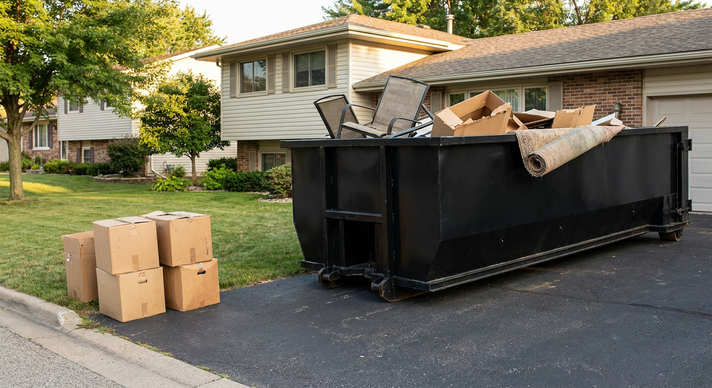 Front-yard view of a Clarkston split-level home with a 20-yard matte-black roll-off dumpster sitting directly on the asphalt driveway, a few clearly labeled donation boxes staged at the curb, calm sunny afternoon.