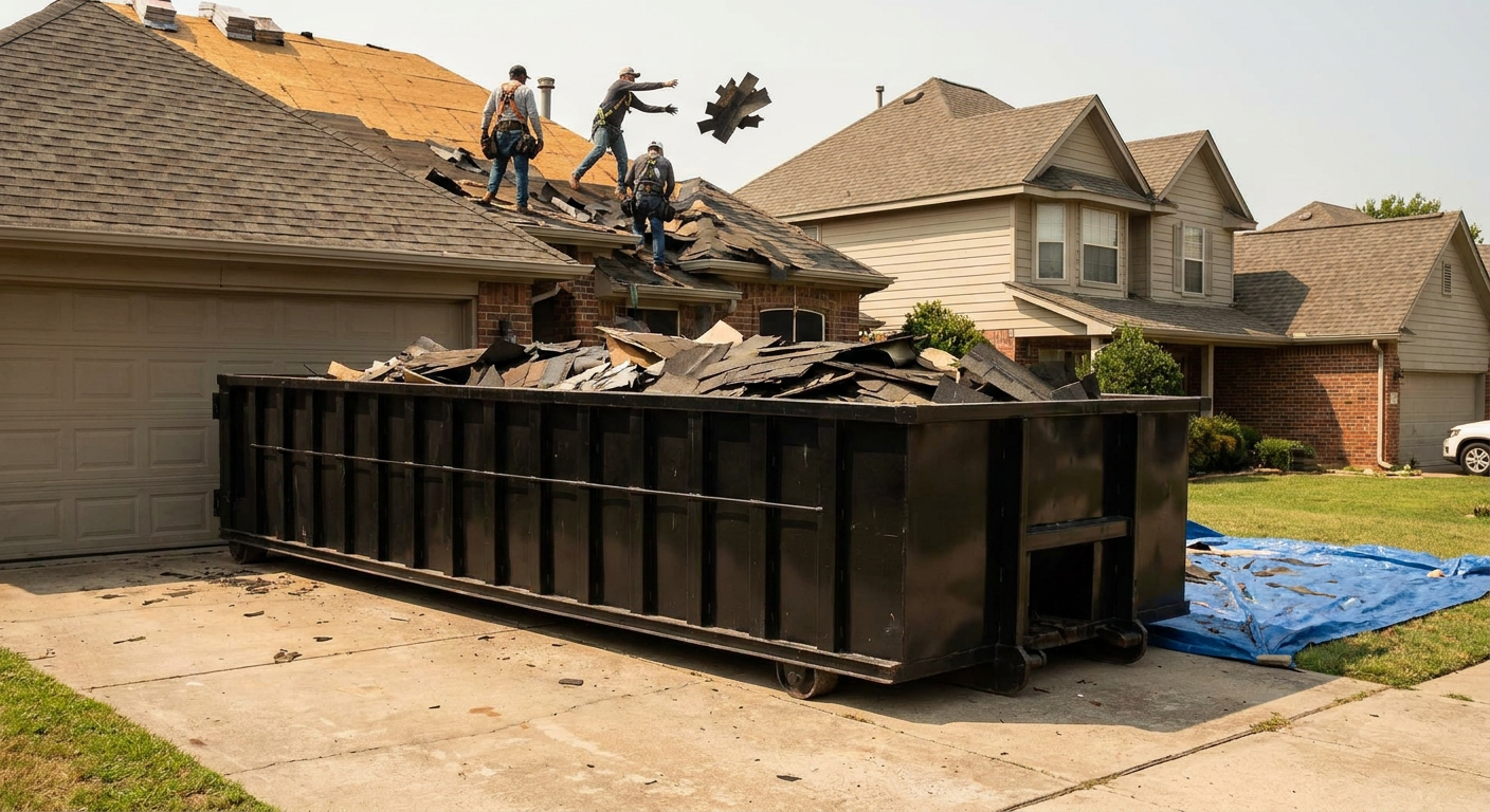 Matte-black roofing roll-off dumpster placed directly on a Clarkston residential concrete driveway, a tear-off crew on a two-story asphalt-shingle roof tossing shingle bundles into the low-walled container, bright daylight, documentary 35mm perspective.