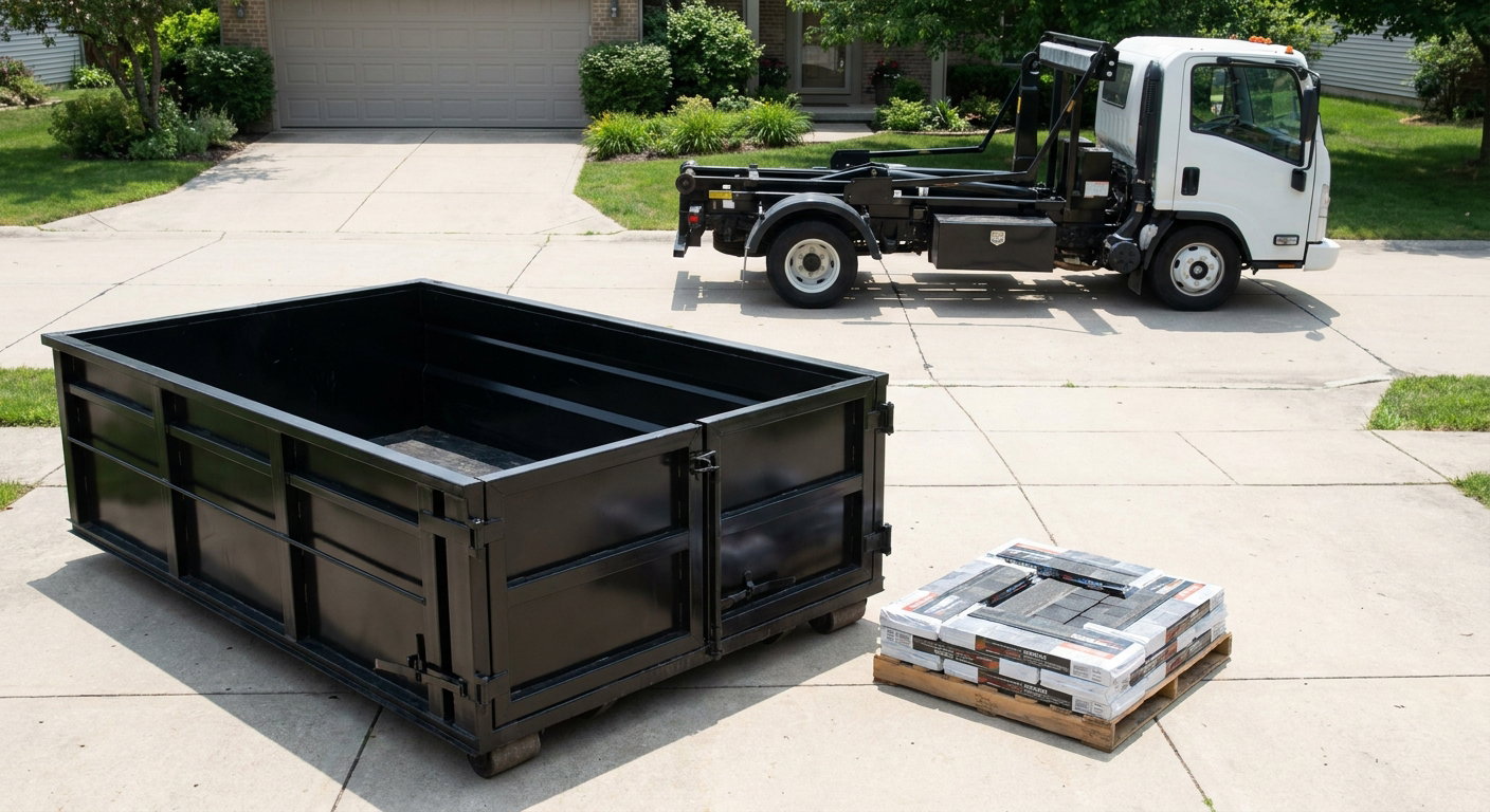 Matte-black 15-yard roofing roll-off dumpster with reinforced low side walls sitting directly on a Clarkston residential concrete driveway, three-tab asphalt shingle bundles stacked nearby, an unmarked white hauler truck partially visible at the edge of the frame.