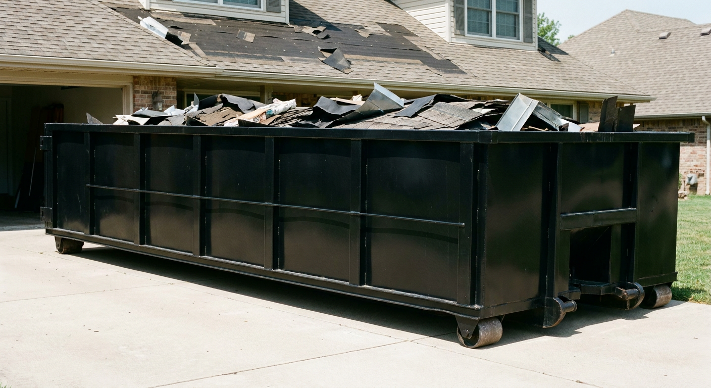 Matte-black 20-yard roofing roll-off dumpster with steel ribbed sides and swinging rear door, sitting directly on the concrete driveway of a two-story Clarkston home, asphalt shingle debris being loaded over the low wall, clean documentary lighting.