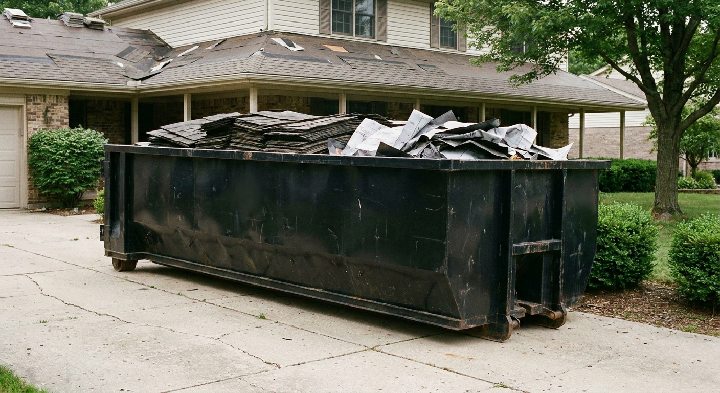 Matte-black 30-yard roofing roll-off dumpster sitting directly on a Clarkston concrete driveway, taller ribbed steel side panels, mixed tear-off debris of asphalt shingles and underlayment inside, professional documentary daylight.
