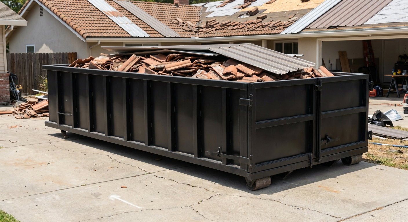 Matte-black low-wall heavy-debris roofing roll-off dumpster sitting directly on a Clarkston concrete driveway, broken concrete clay roof tiles and metal panel sections loaded inside, reinforced ribbed steel side walls visible, bright outdoor daylight.