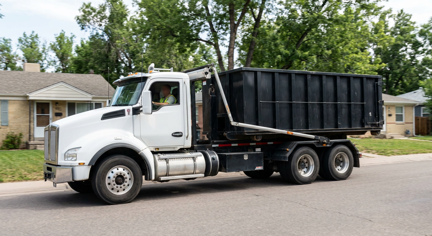 A wide documentary shot of a matte-black roll-off delivery truck pulling onto a quiet Clarkston residential street at mid-morning, with neighborhood rooftops and tree-lined blocks visible behind, showing the metro coverage footprint.