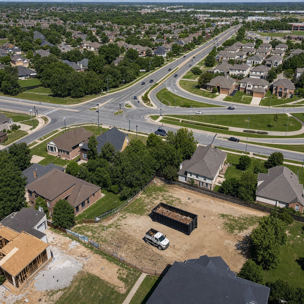 An overhead documentary view of the Clarkston metro area at midday, showing the spread of neighborhoods, arterial roads, and the dispatch radius from a central yard — clean daylight, organized geographic layout.