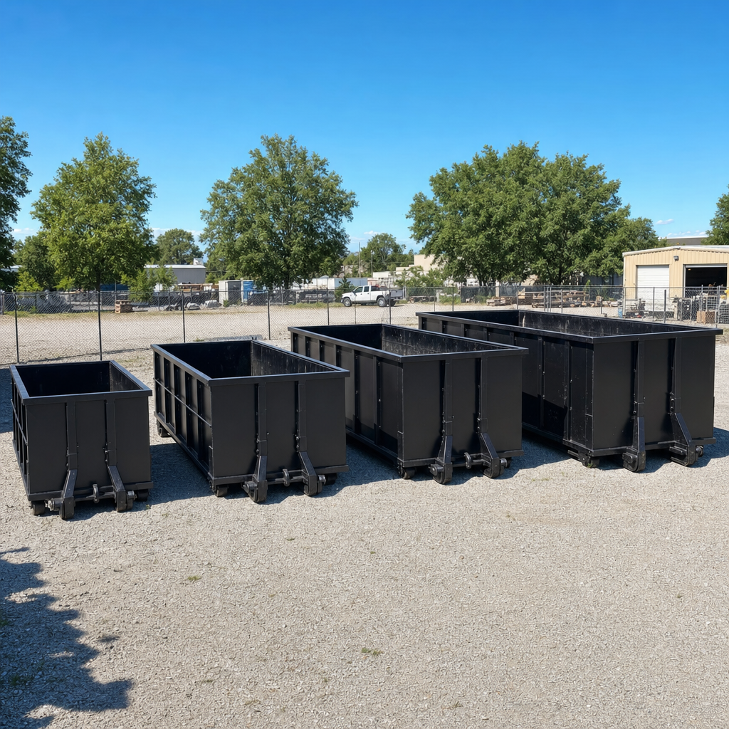 A clean lineup of matte-black roll-off dumpsters in 10, 20, 30, and 40-yard sizes staged on a sunlit gravel yard in Clarkston, showing the size progression from compact to commercial-scale containers.