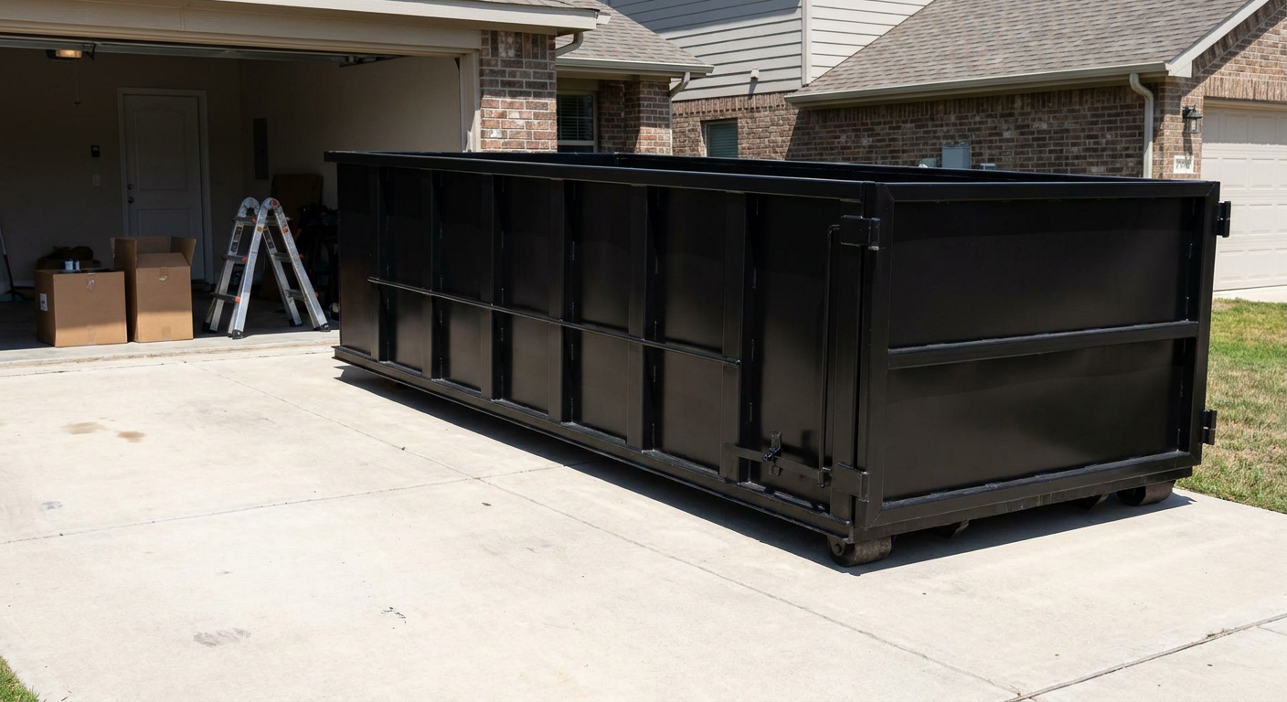 A matte-black 10-yard roll-off dumpster sitting directly on a residential Clarkston concrete driveway, mid-day sunlight, clean and ready for a garage cleanout.