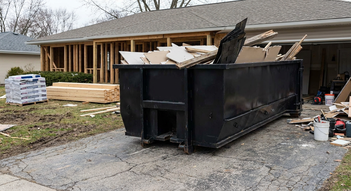 A matte-black 20-yard roll-off dumpster placed alongside a mid-renovation Clarkston home directly on the asphalt driveway, with framing materials and torn-off shingles staged neatly nearby.