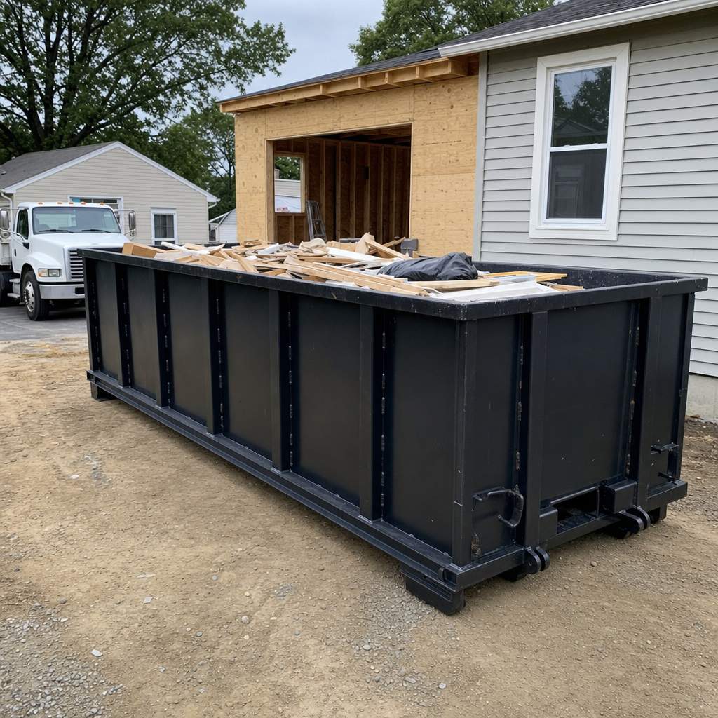 A matte-black 30-yard roll-off dumpster positioned at a Clarkston residential addition jobsite, with framing lumber and drywall scraps loaded through the open swinging rear doors.