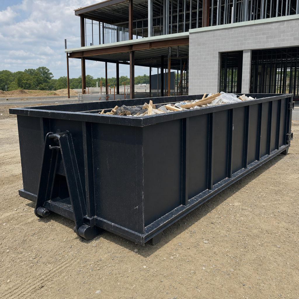 A matte-black 40-yard roll-off dumpster staged on a large Clarkston commercial construction lot, with a hooklift delivery truck parked alongside under bright midday sky.