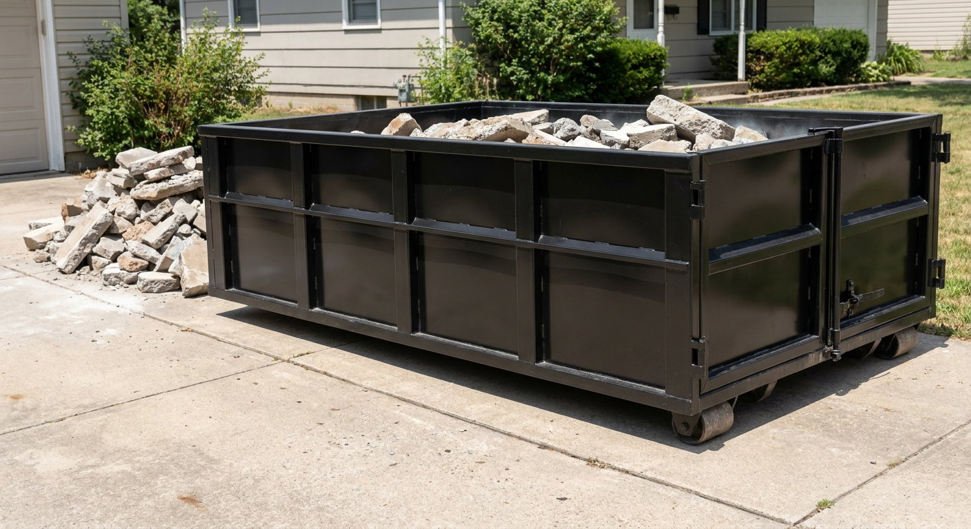 A matte-black low-side heavy-debris roll-off dumpster placed directly on a Clarkston concrete driveway, with broken concrete chunks neatly stacked beside it under clean daylight.
